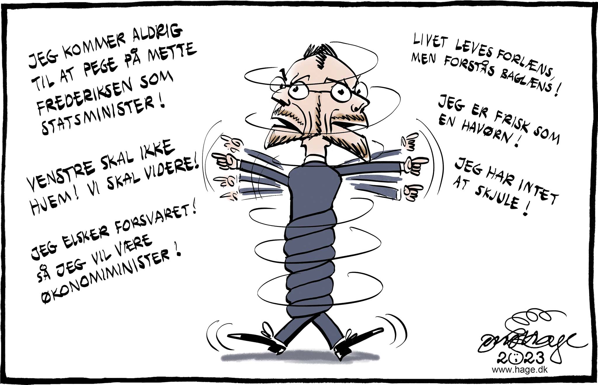 Satire tegning: Jakob Ellemann har det med at udtale sig temmelig bombastisk.