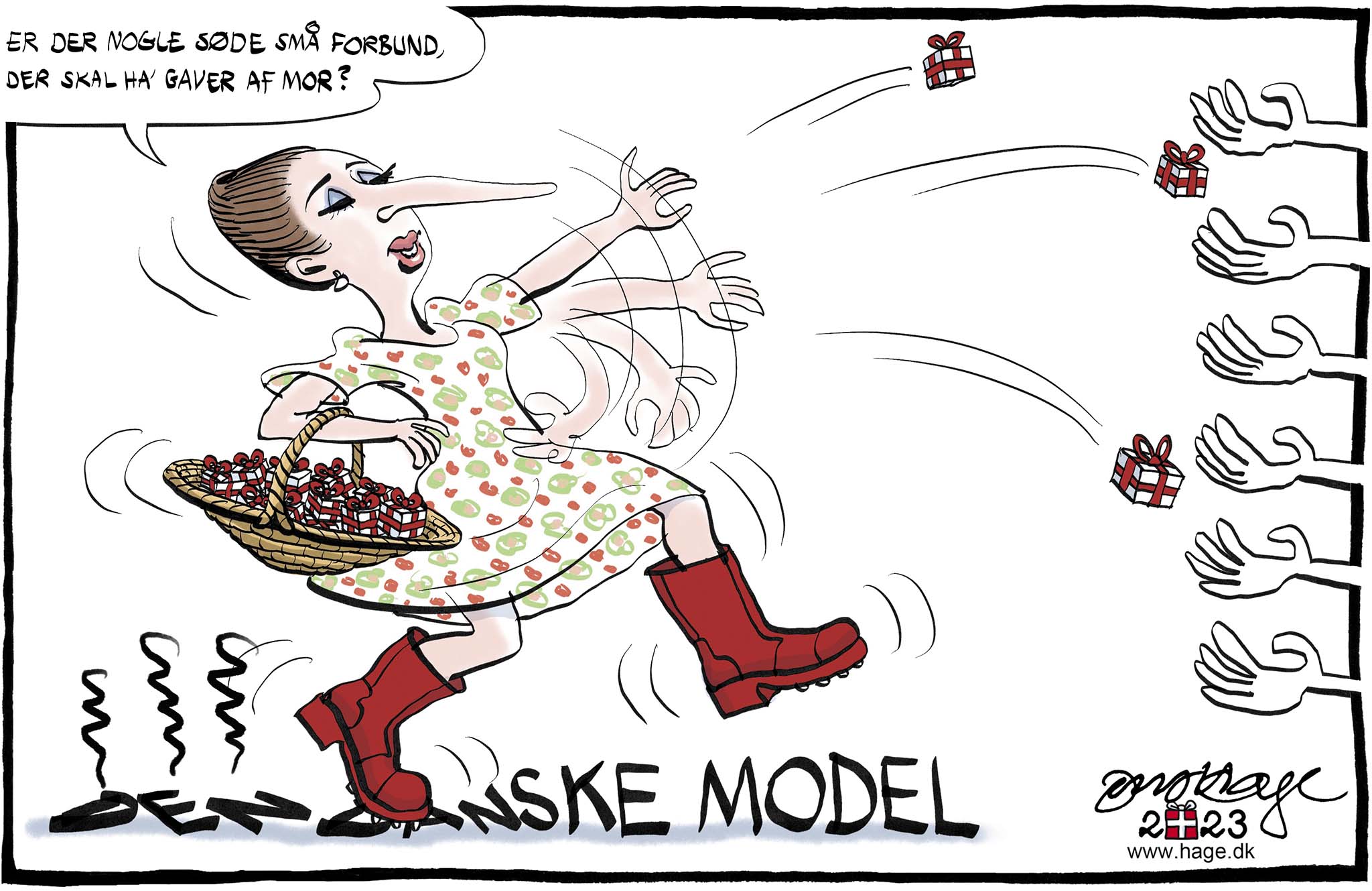 Satire tegning: Med de bebudede lønstigninger til udvalgte grupper risikerer regeringen at smadre Den Danske Model.
