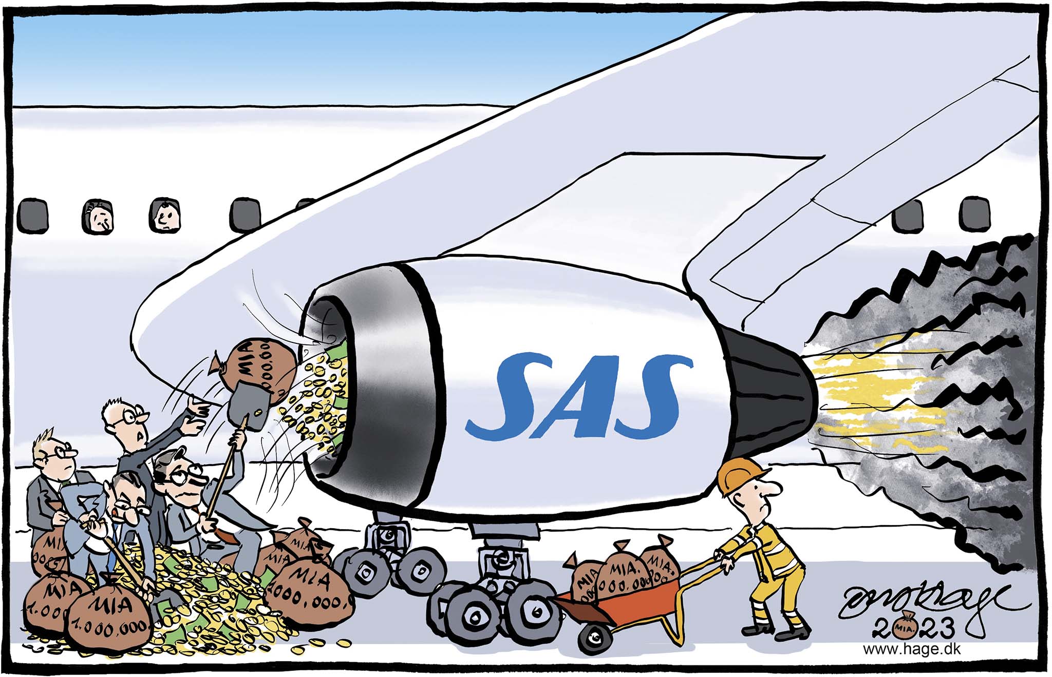 Satire tegning: SAS' nye ejere poster milliarder i selskabet – så må vi se, om det kan flyve.