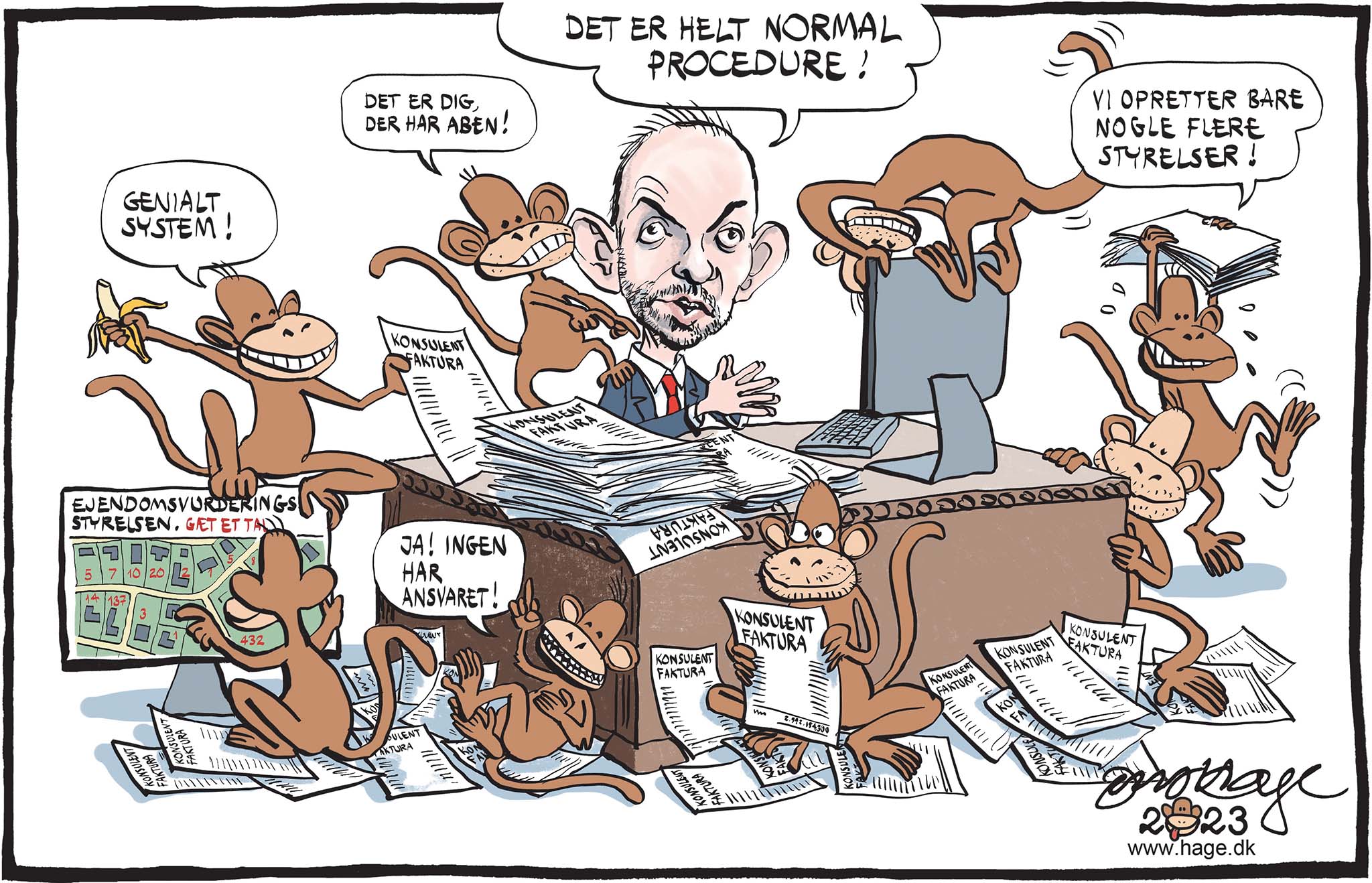 Satire tegning: Det totalt forfejlede ejendomsvurderingssystem har kostet svimlende milliarder at udvikle.