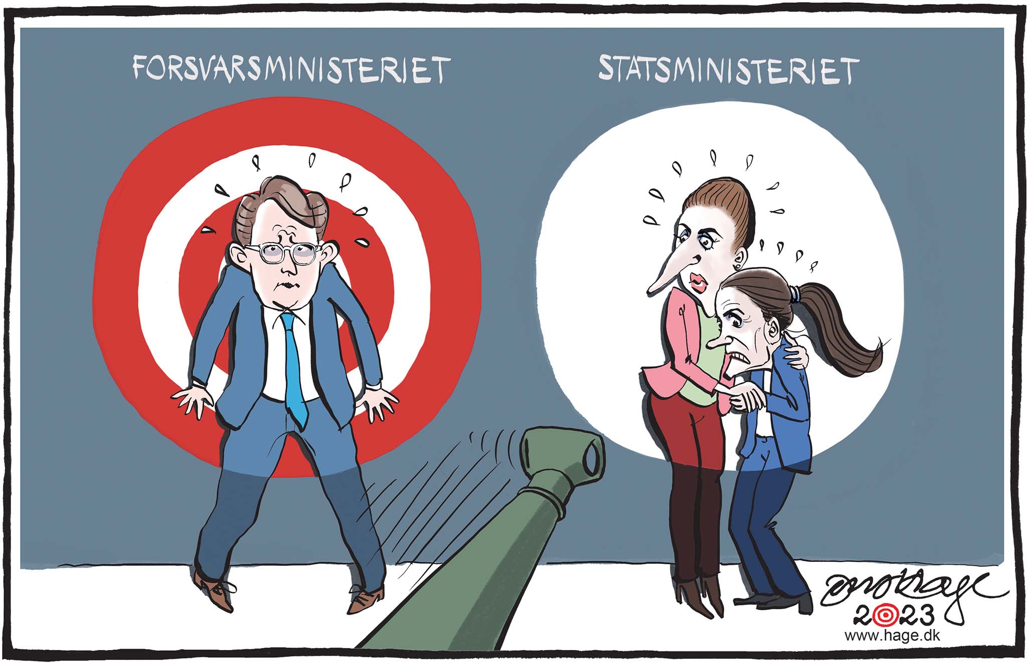 Satire tegning: Meget tyder på, at Statsministeriet har været langt mere indblandet i indkøbet af israelsk artilleri, end først antaget.