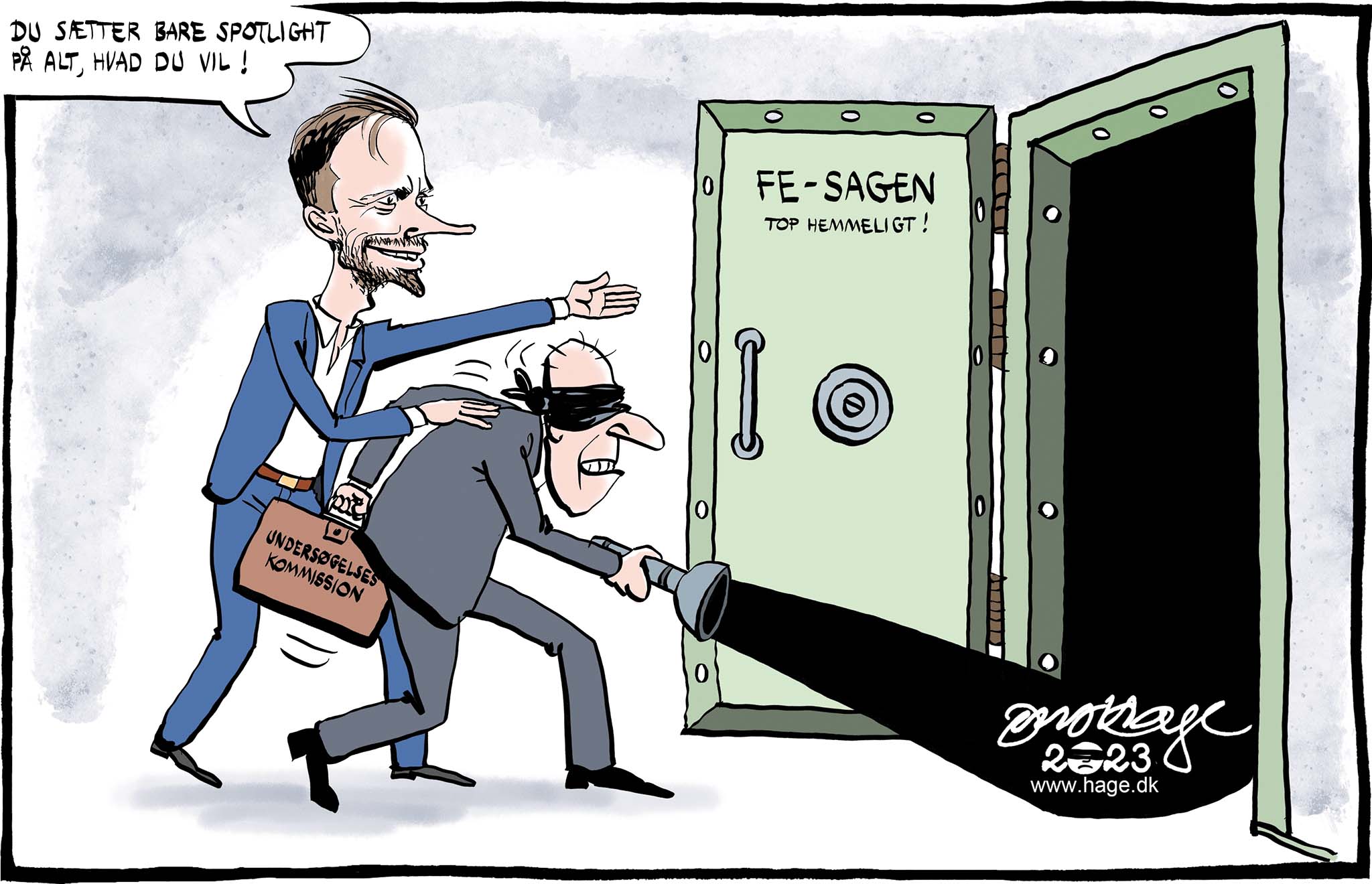 Satire tegning: Justitsministeren ønsker FE-sagen undersøgt til bunds.