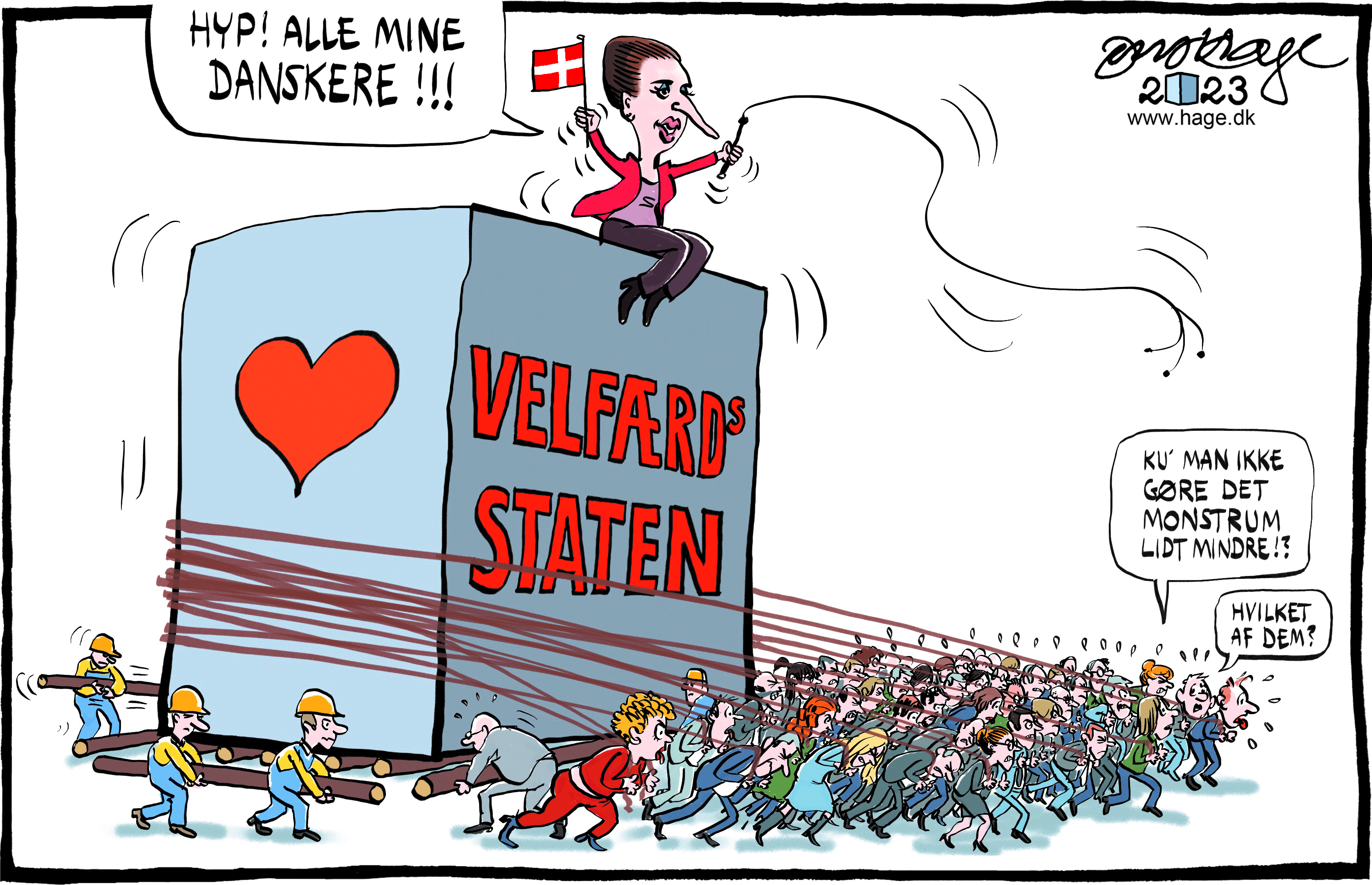 Satire tegning: Regeringen presser på for at få os til at arbejde mere.