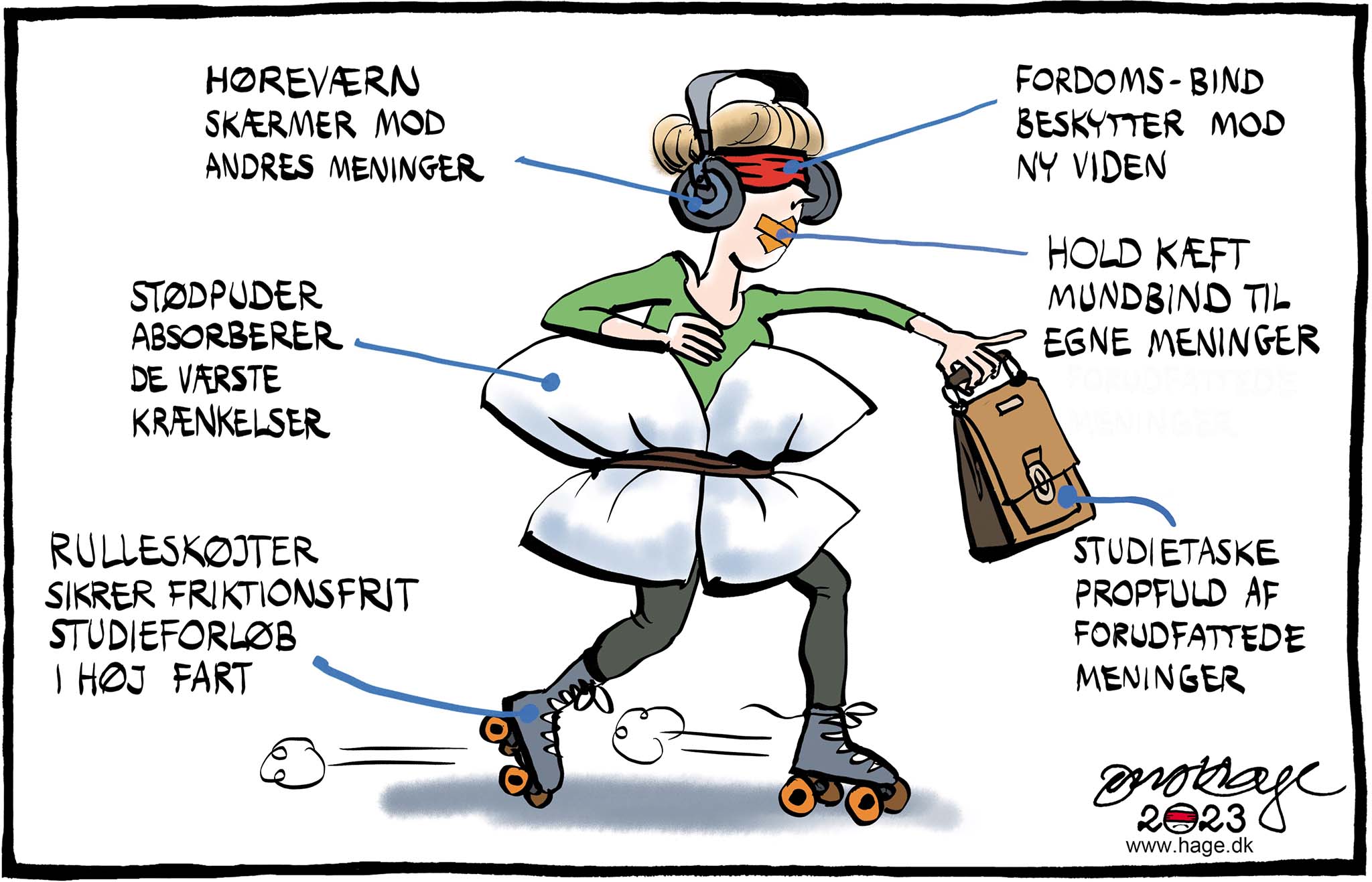 Satire tegning: Studerende på universitet må indordne sig under den herskende woke-isme og cancel-culture.