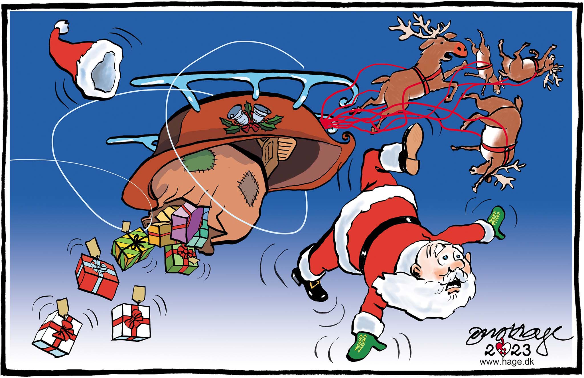 Satire tegning: Stormen Pia skabte store problemer i juletrafikken.