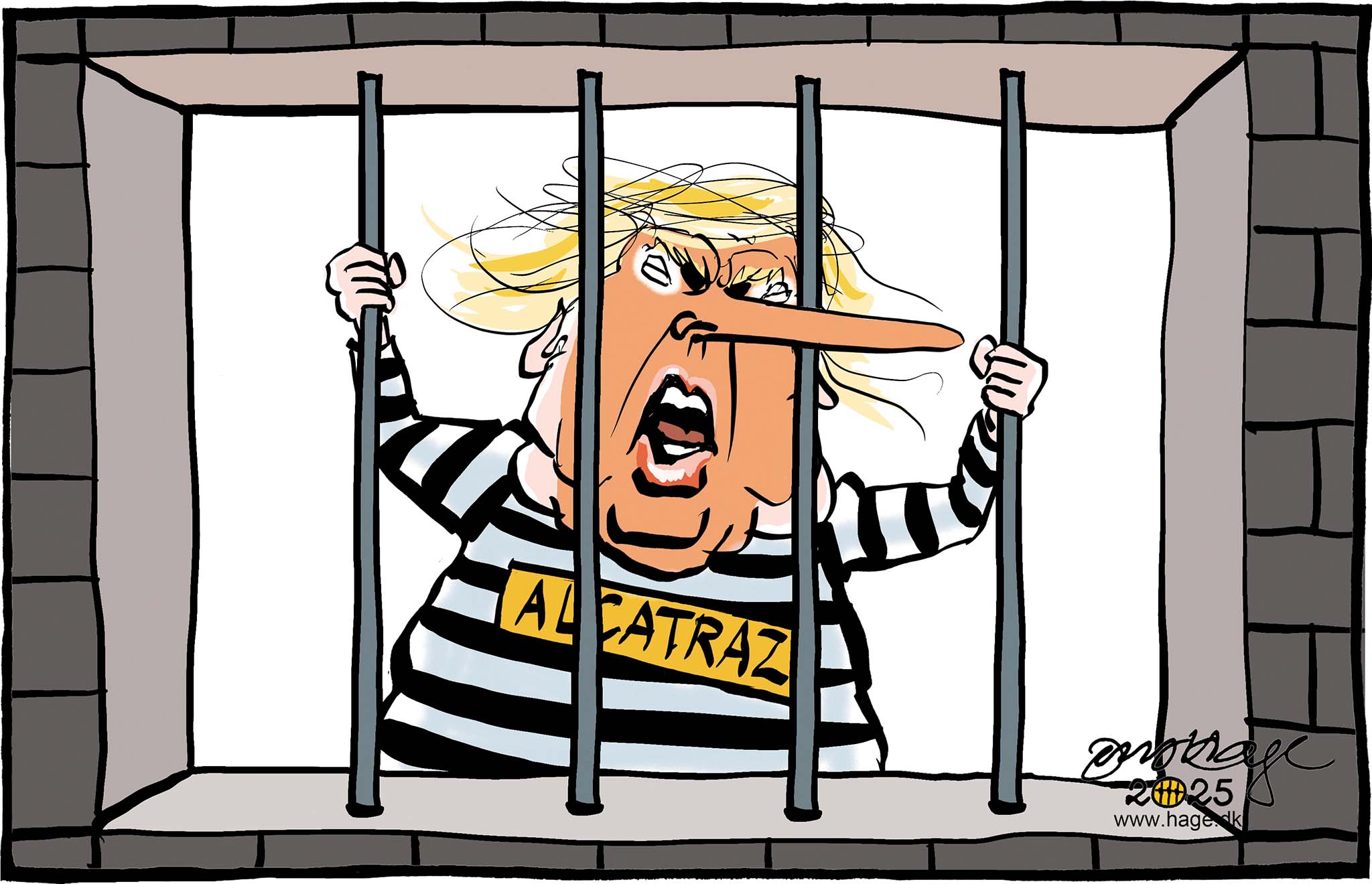 Satire tegning: Nu vil Trump genåbne det berygtede Alcatraz fængsel for at rumme landets farligste og mest kriminelle udskud.