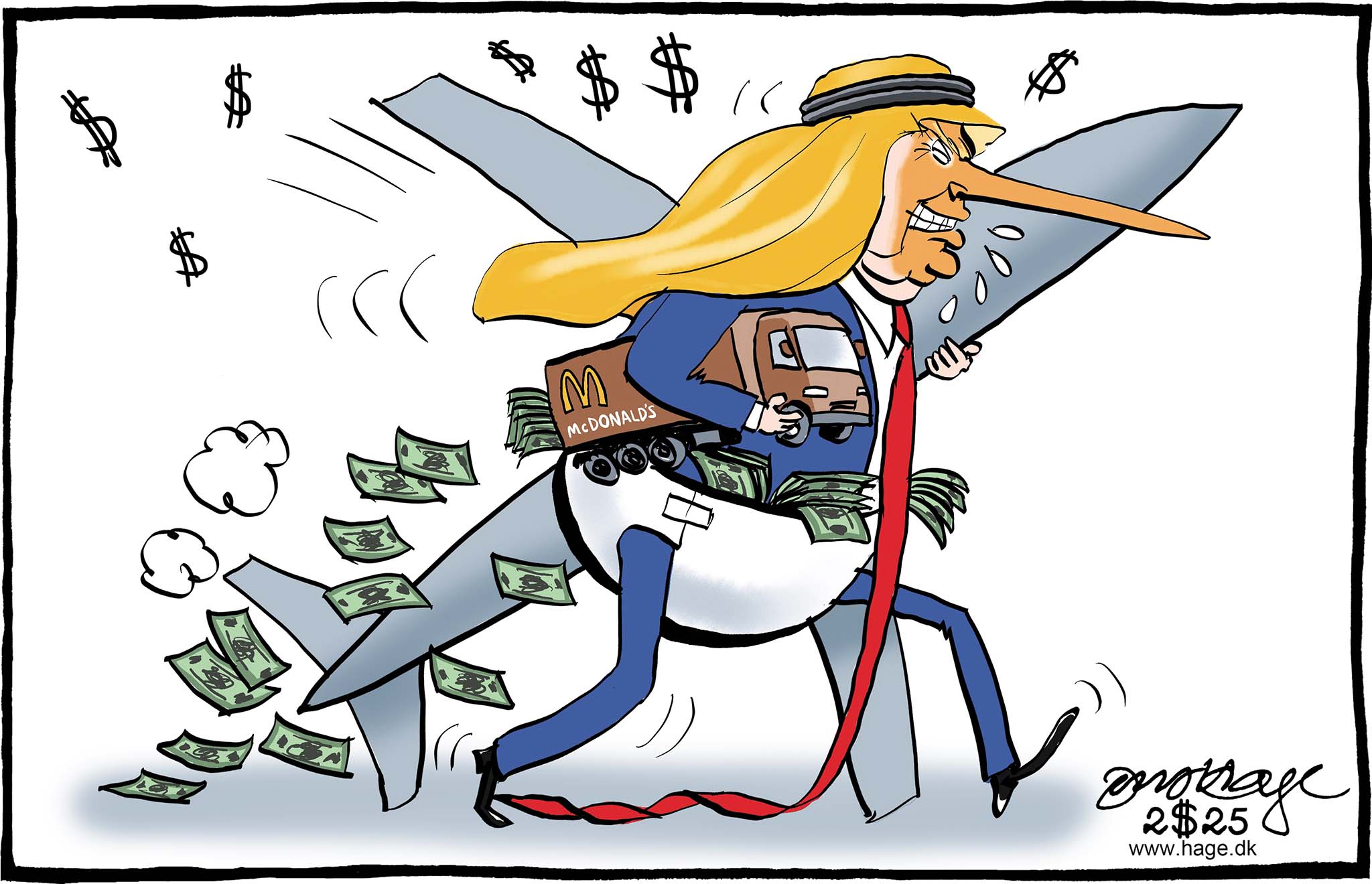 Satire tegning: Den amerikanske præsident har netop afsluttet sin rejse i Mellemøsten.