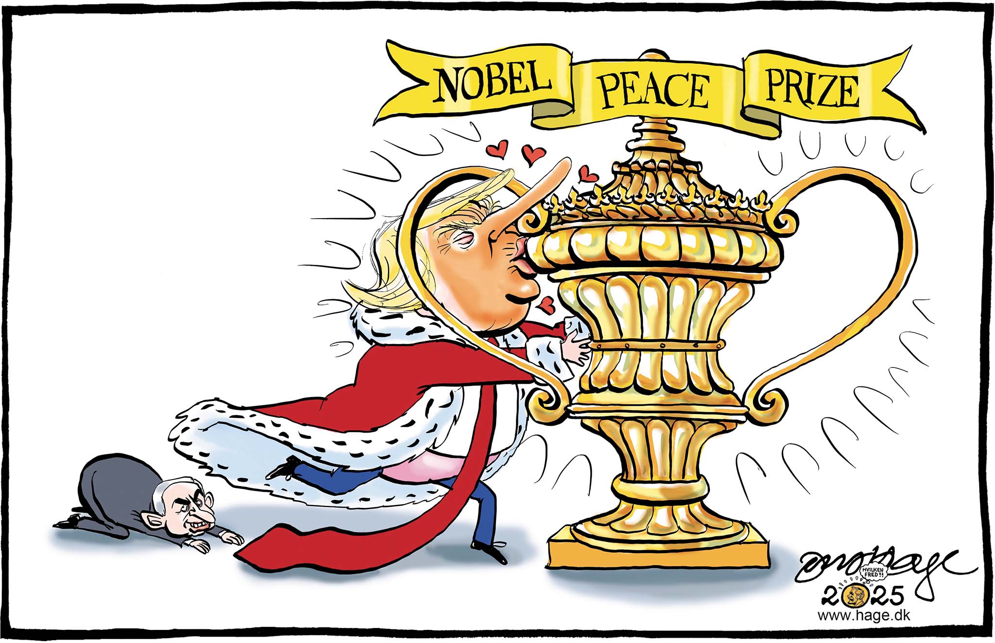 Satire tegning: Efter indstillingen af Trump til Nobels Fredspris må man nok imødese en ændring af designet.