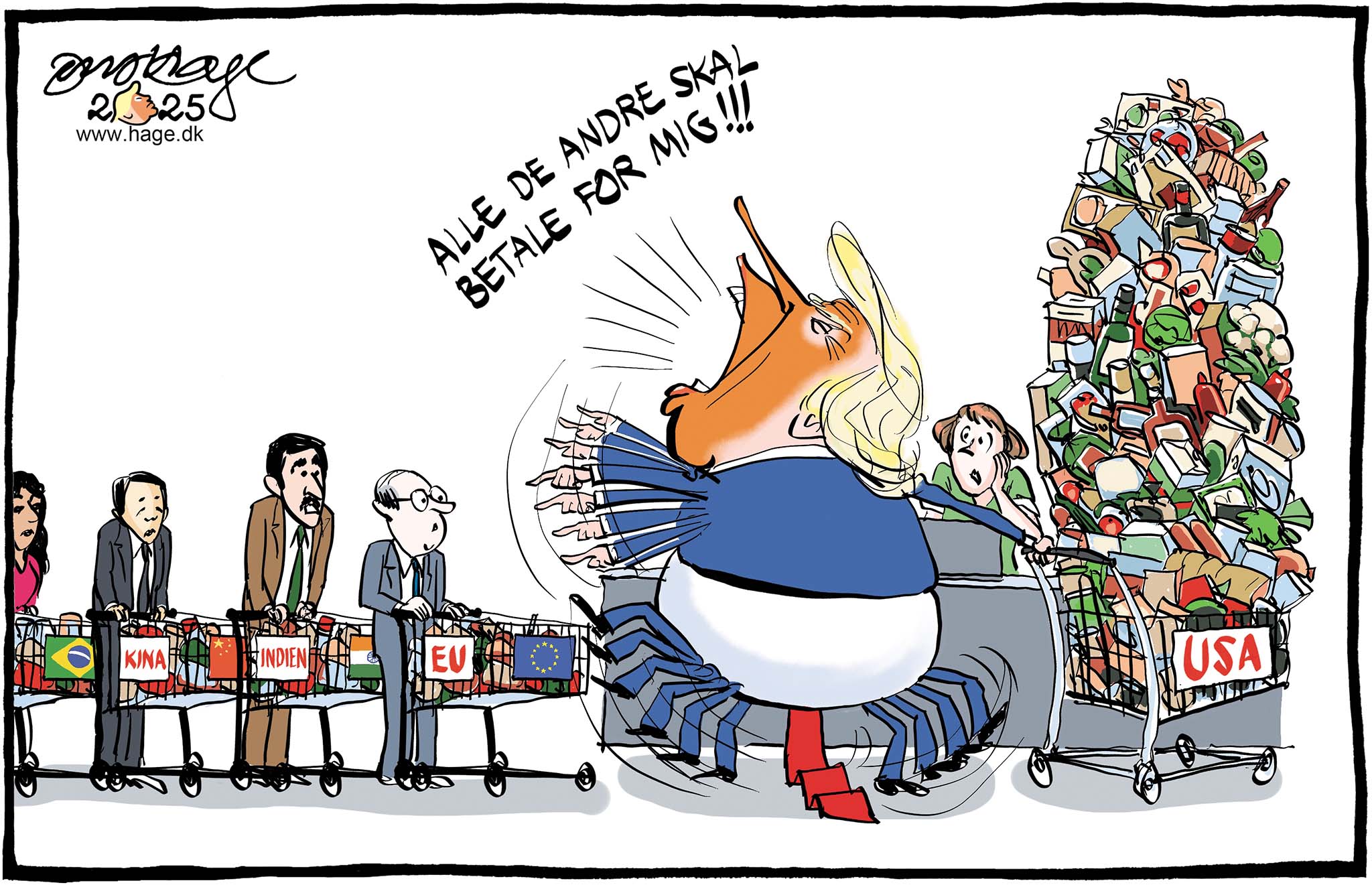 Satire tegning: Trumps toldkrig – kort fortalt.