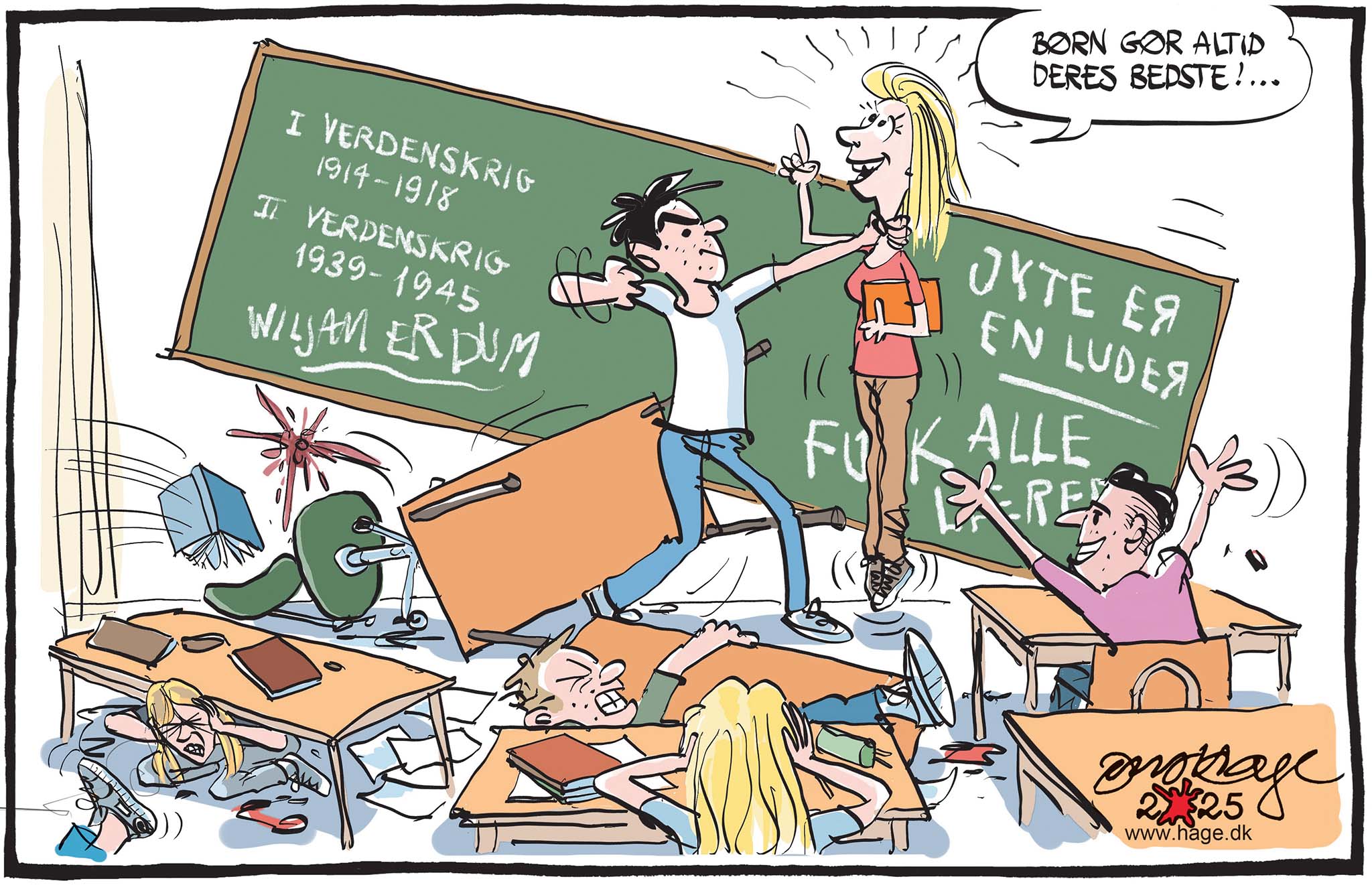 Satire tegning: Den såkaldt bløde børneopdragelse giver problemer i Folkeskolen.