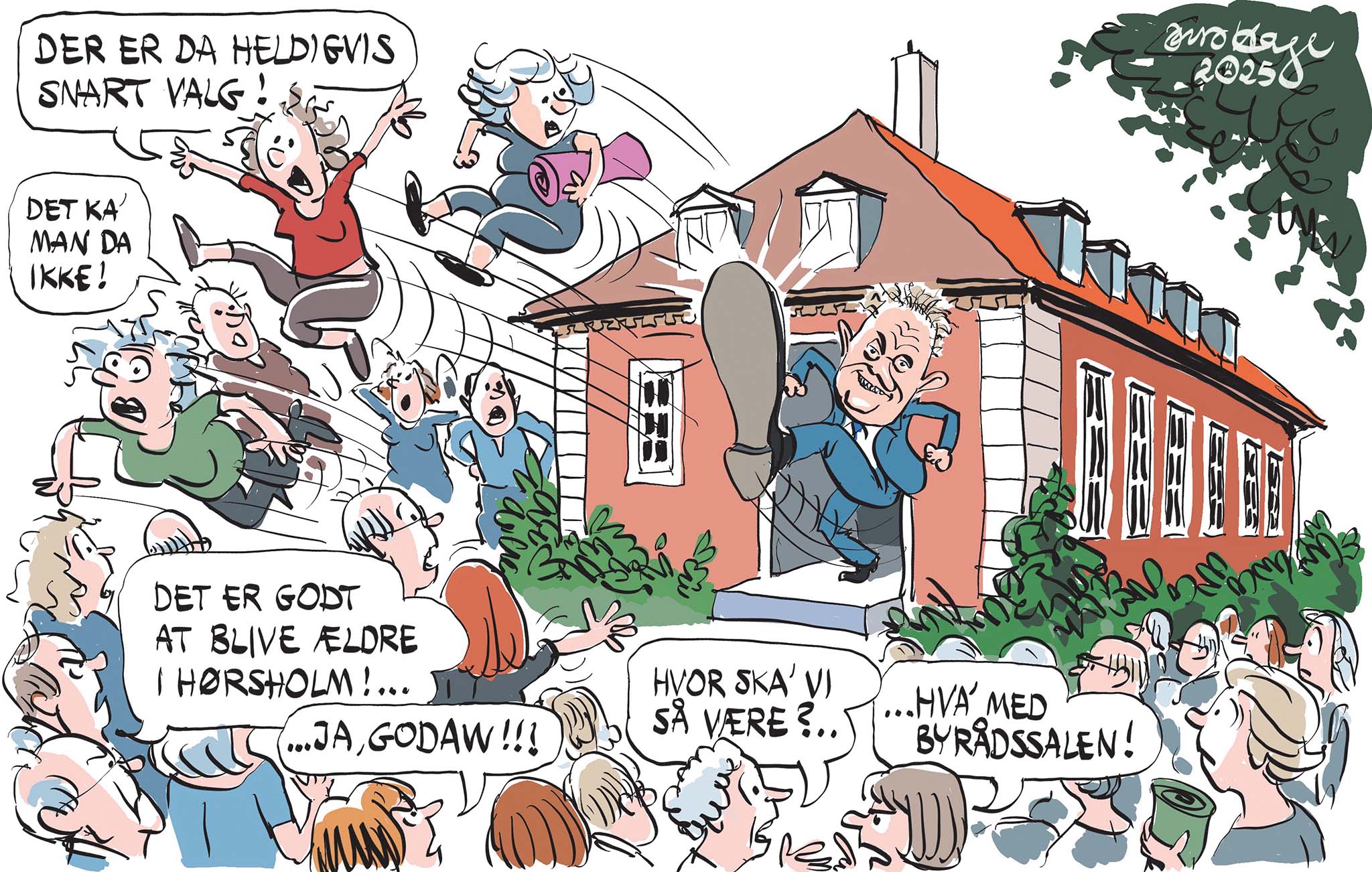 Satire tegning: Kommunalbestyrelsen har smidt aftenskolerne  ud af Foreningshuset.