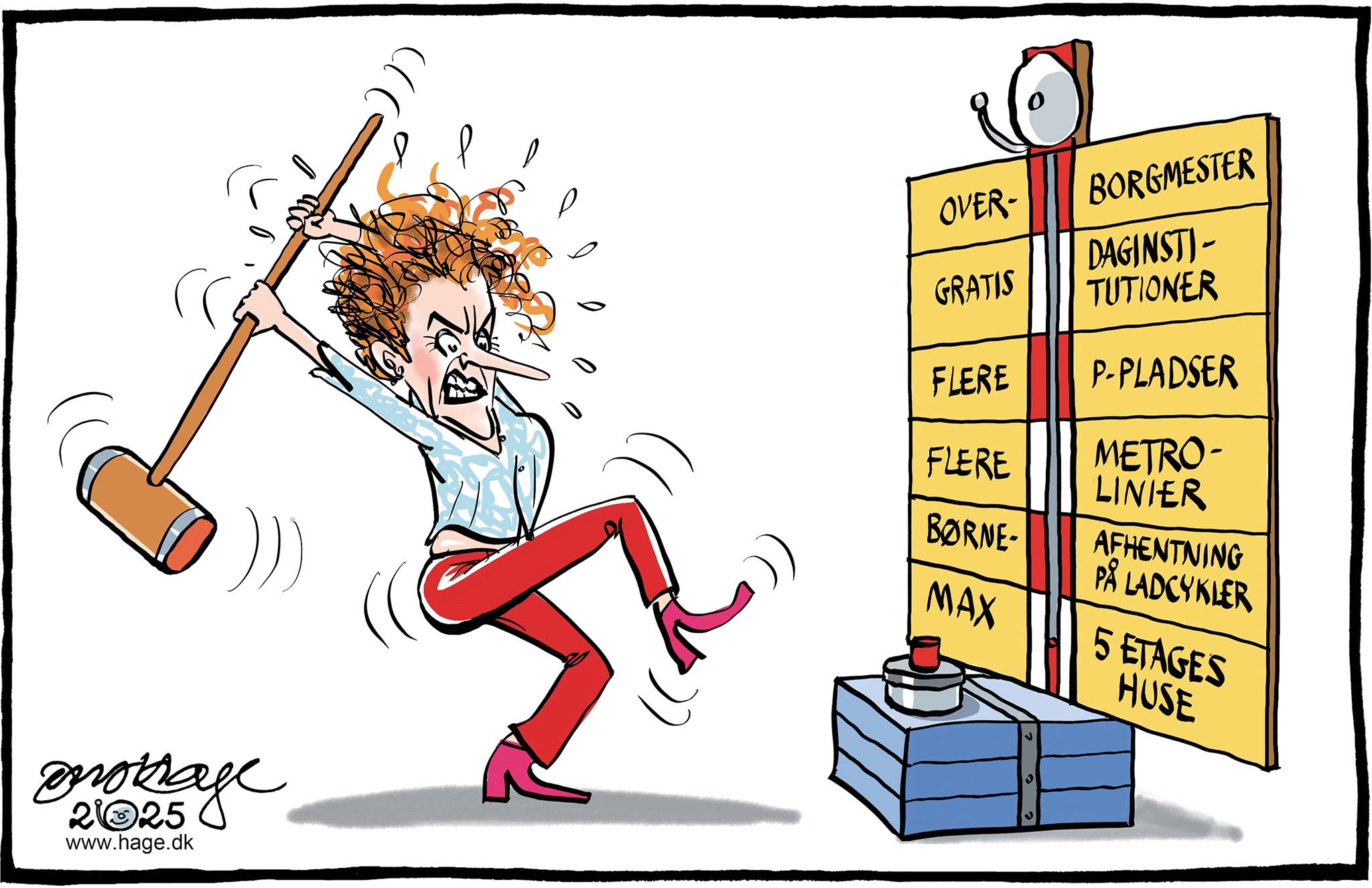 Satire tegning: Pernille Rosenkrantz-Theil kæmper desperat for at vinde overborgmesterposten i København.