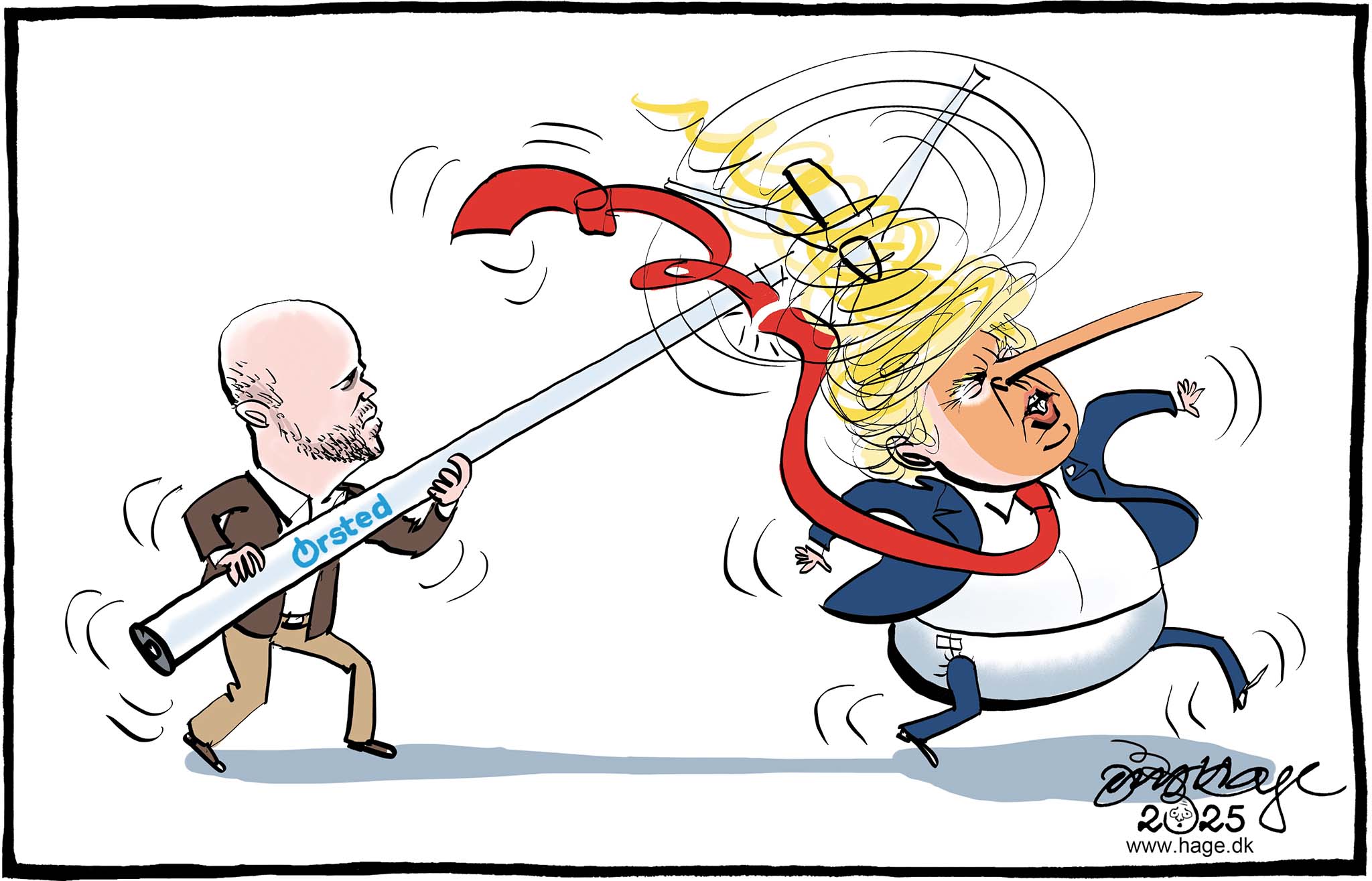Satire tegning: Ørsted kæmper en kamp mod Trump-administrationen, som netop har stoppet deres vindmøllepark.