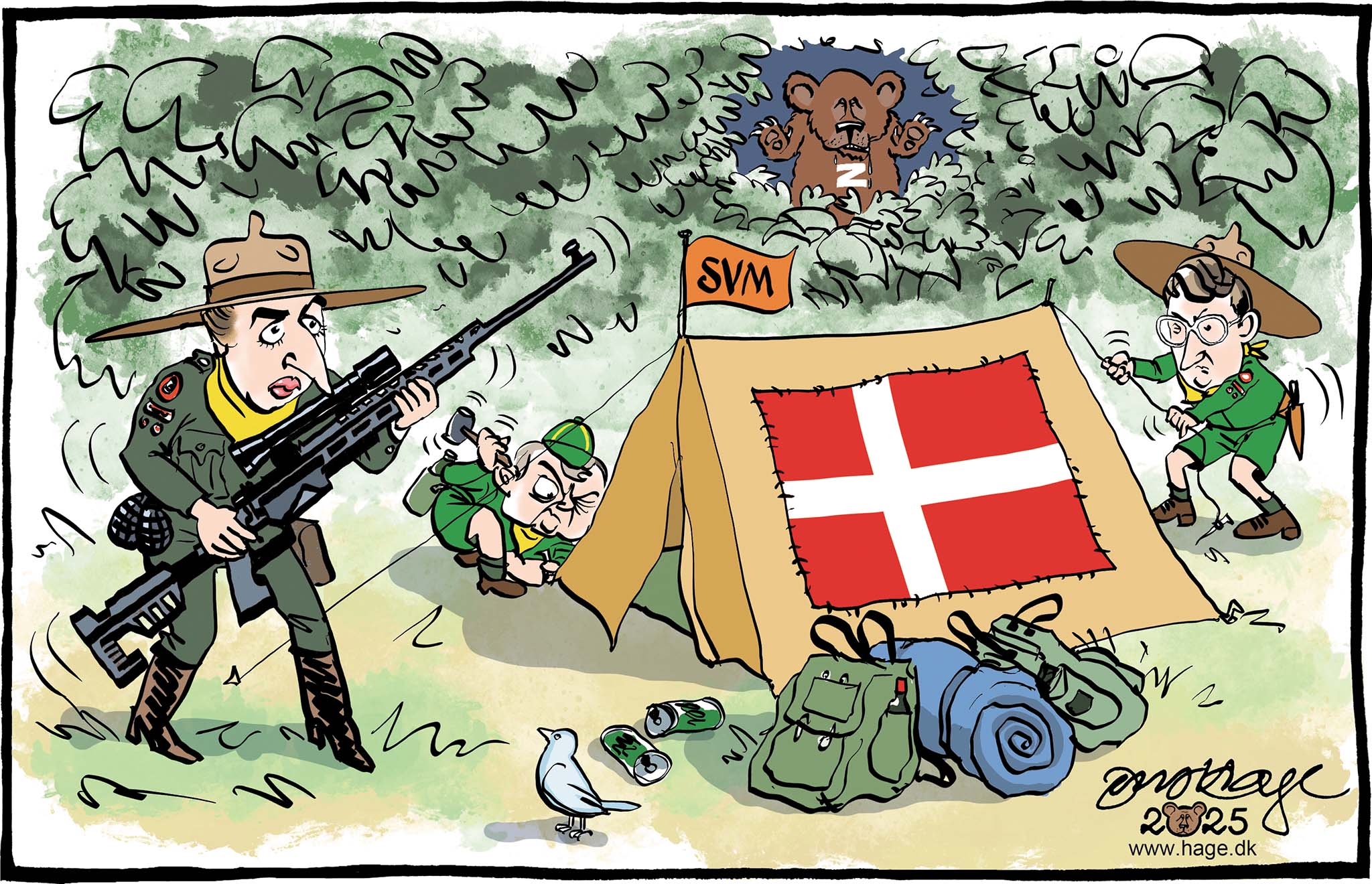 Satire tegning: Når man bor i en skov med bjørne, er det ikke nok at have en lommekniv.