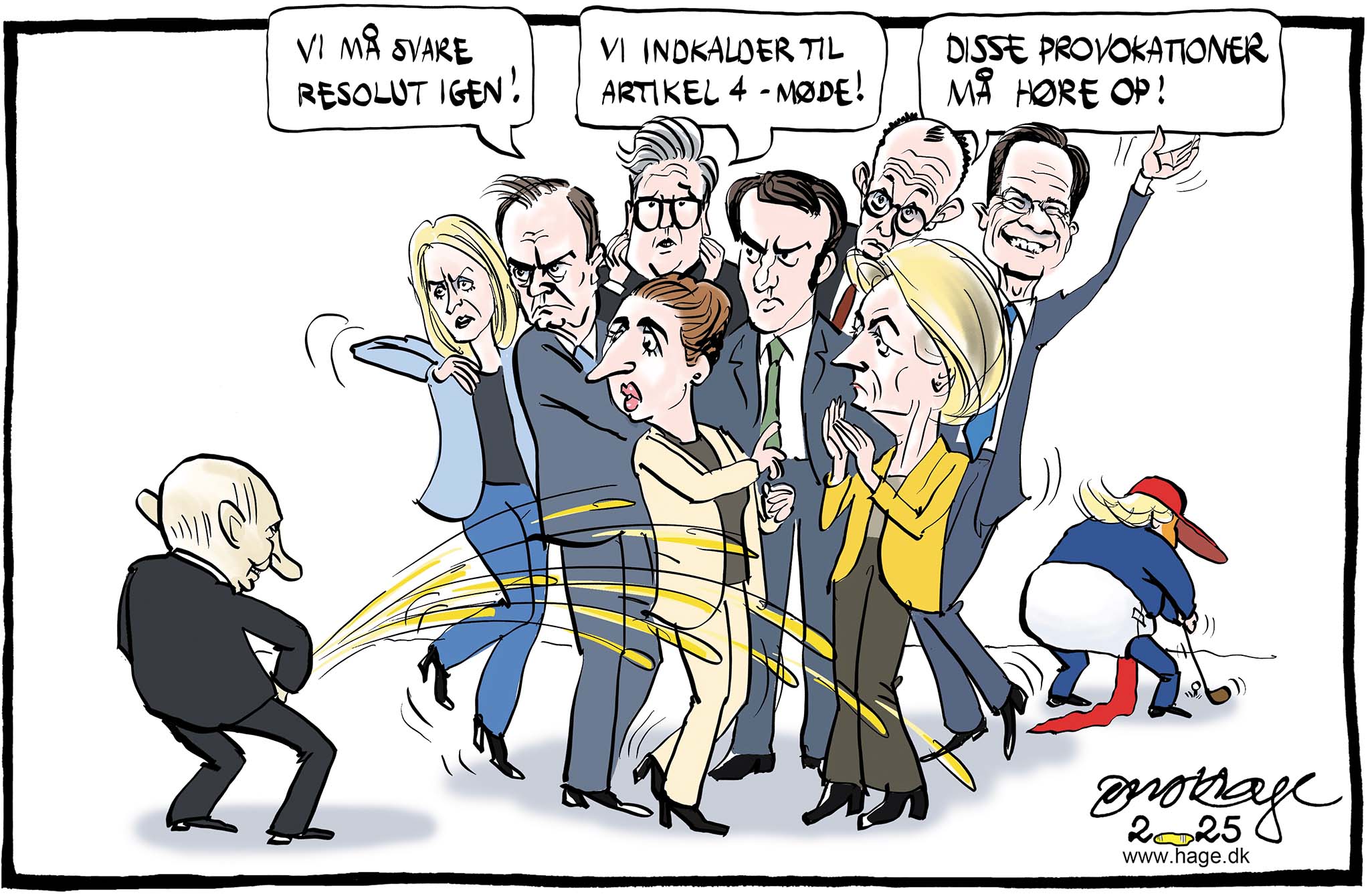 Satire tegning: Hybridkrigen er i fuld gang, og alt kommer stadig bag på os.
