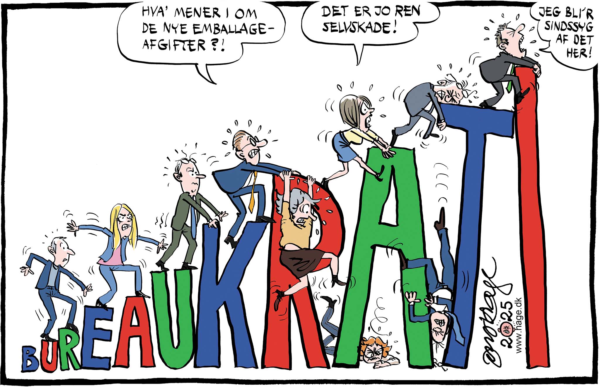 Satire tegning: Dansk Erhverv klager over et stigende antal regler og krav fra Staten og EU.