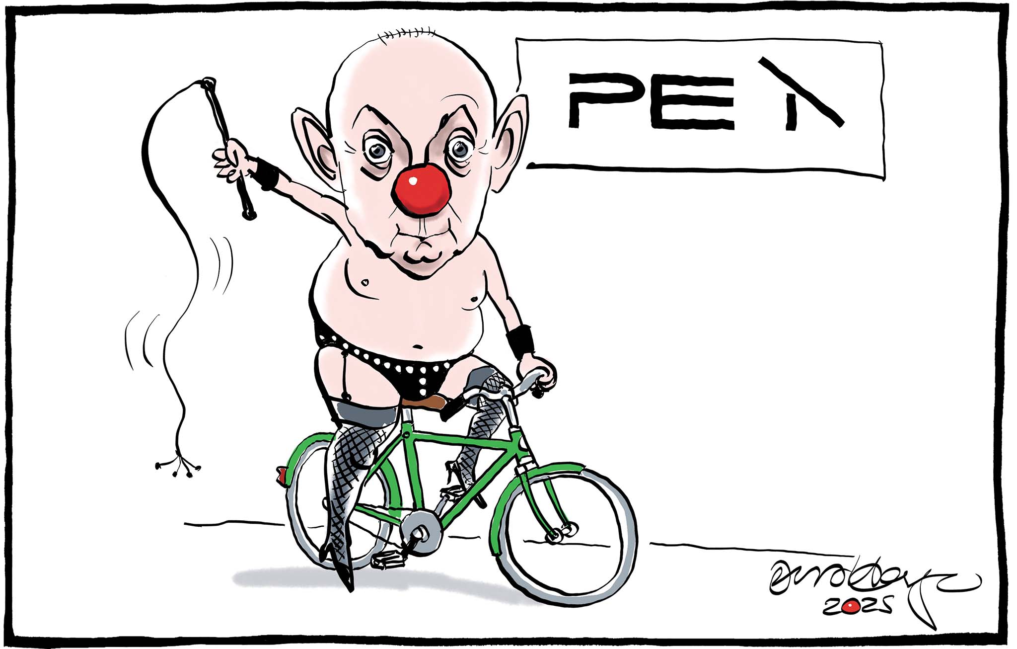 Satire tegning: Her har vi en efterretningschef, som netop er blevet dømt for at have spredt falske rygter om en anden efterretningschefs hang til cykeltyverier i bytte for SM-sex.