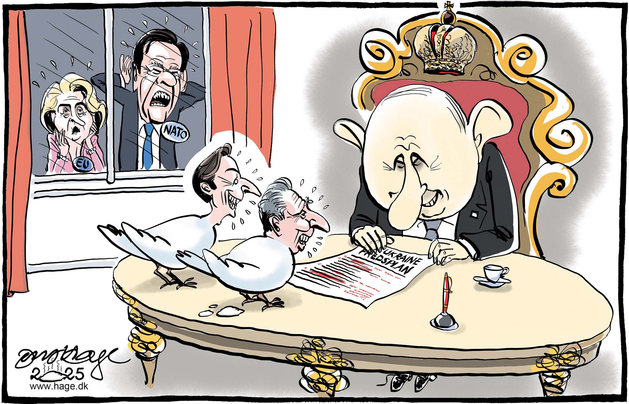 Satire tegning: I denne uge besøgte USAs to diplomatiske genier, Steve Witkoff og Jared Kushner deres gode ven Putin i Kreml.