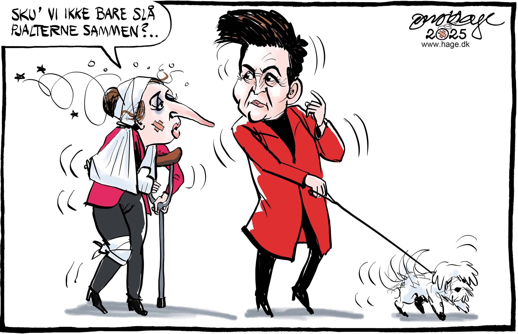 Satire tegning: Statsministeren rækker ud til SF efter de voldsomme tæsk ved kommunalvalget.