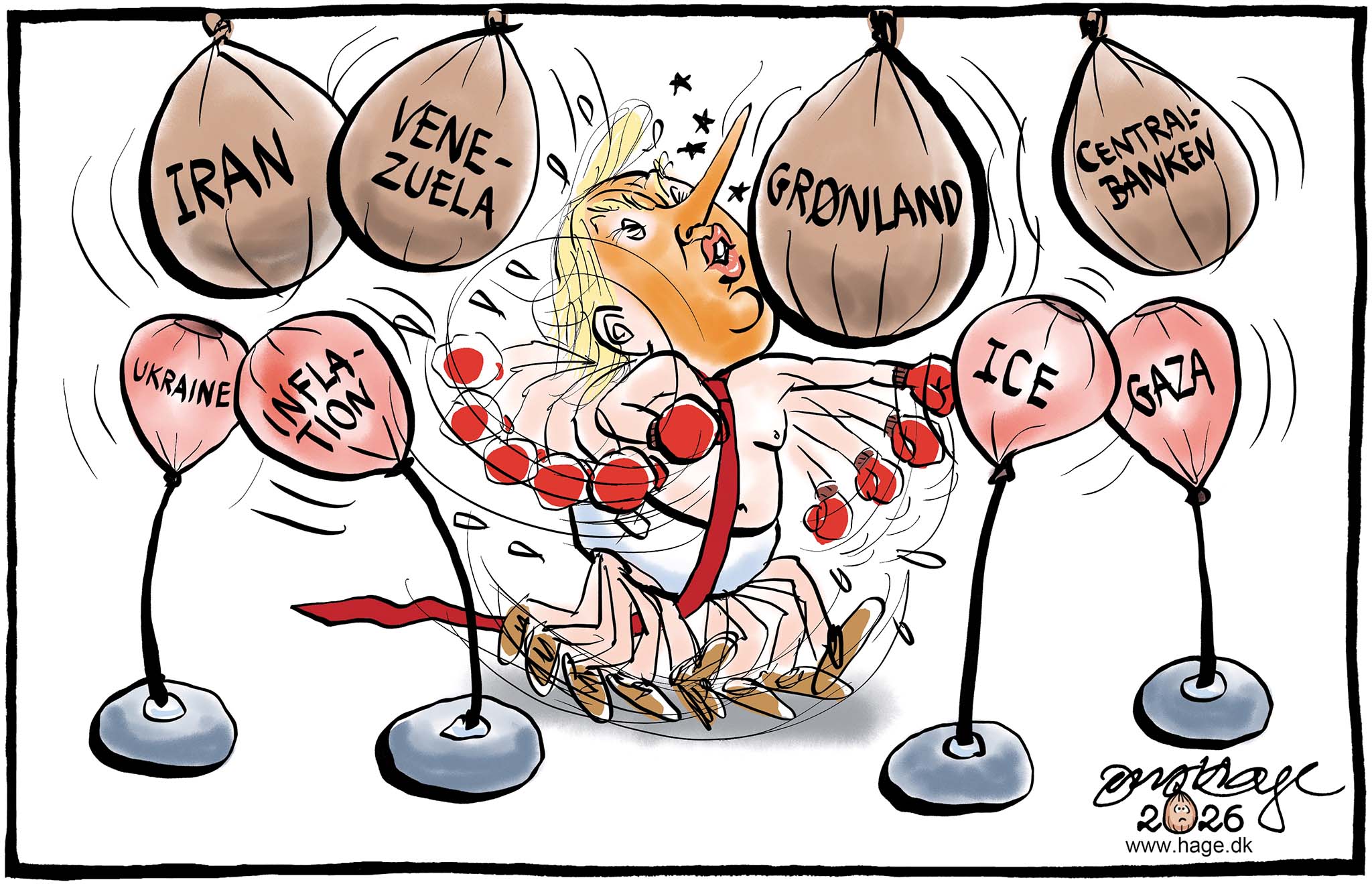 Satire tegning: Den amerikanske præsident har rigeligt med bolde i luften for tiden.