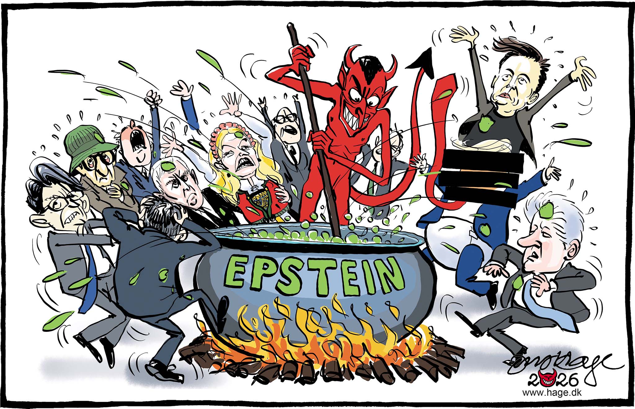 Satire tegning: Det syder og bobler, og det sprøjter på verdens eliter.