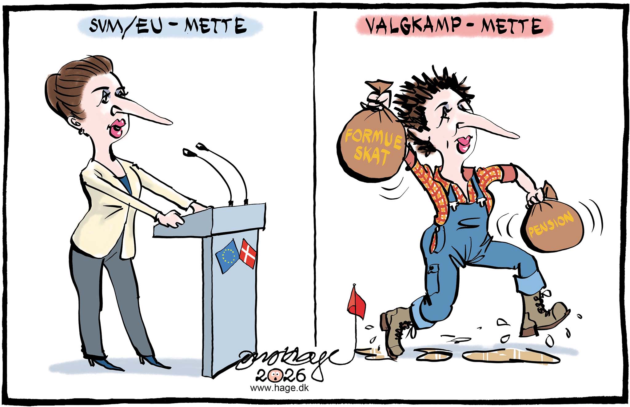 Satire tegning: Nu vil Mette Frederiksen overbevise vægerne om, at hun er socialist – og det bliver dyrt.