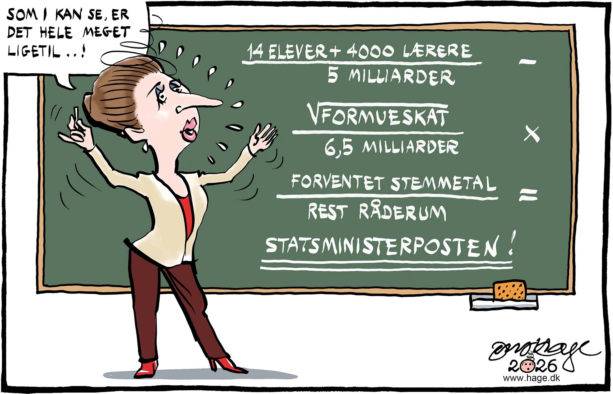 Satire tegning: Endnu har ingen forstået statsministerens regnestykke – endsige den dybere mening bag.