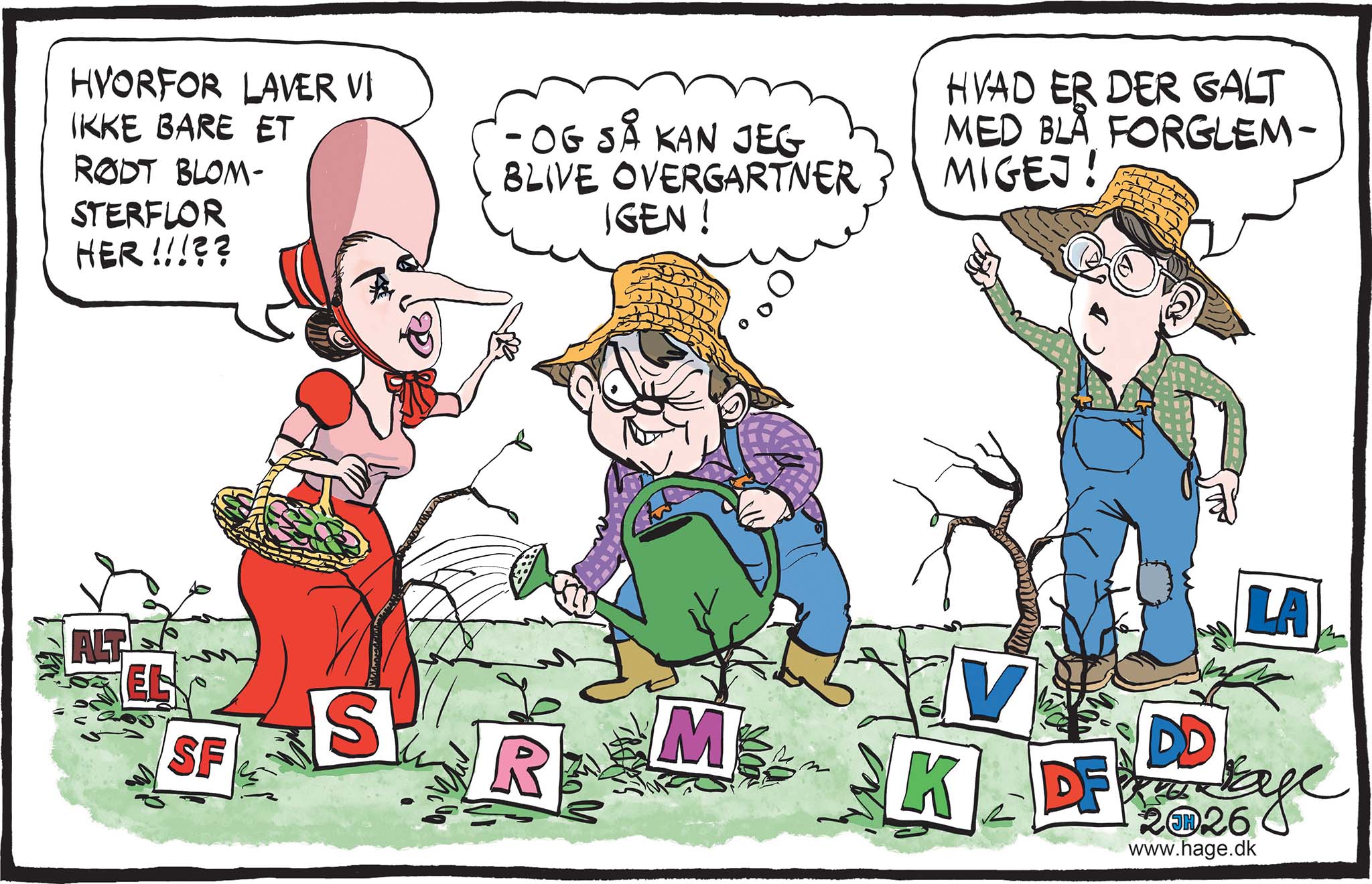 Satire tegning: Nu er det tid til at gå i haven.