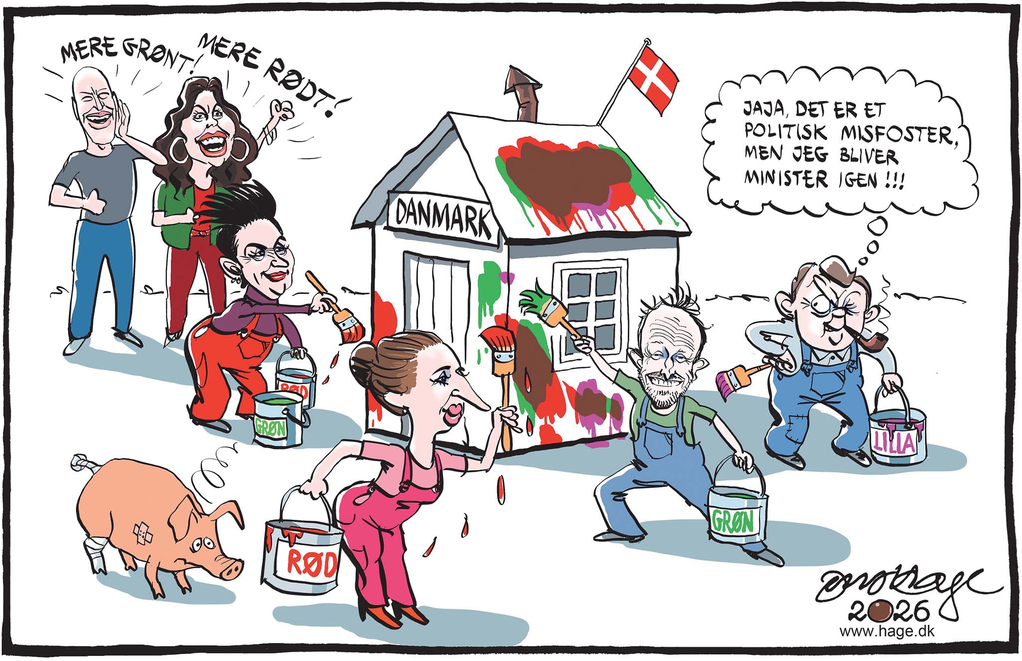 Satire tegning: Når man blander rød, grøn og lilla, får man en ret besynderlig farve.