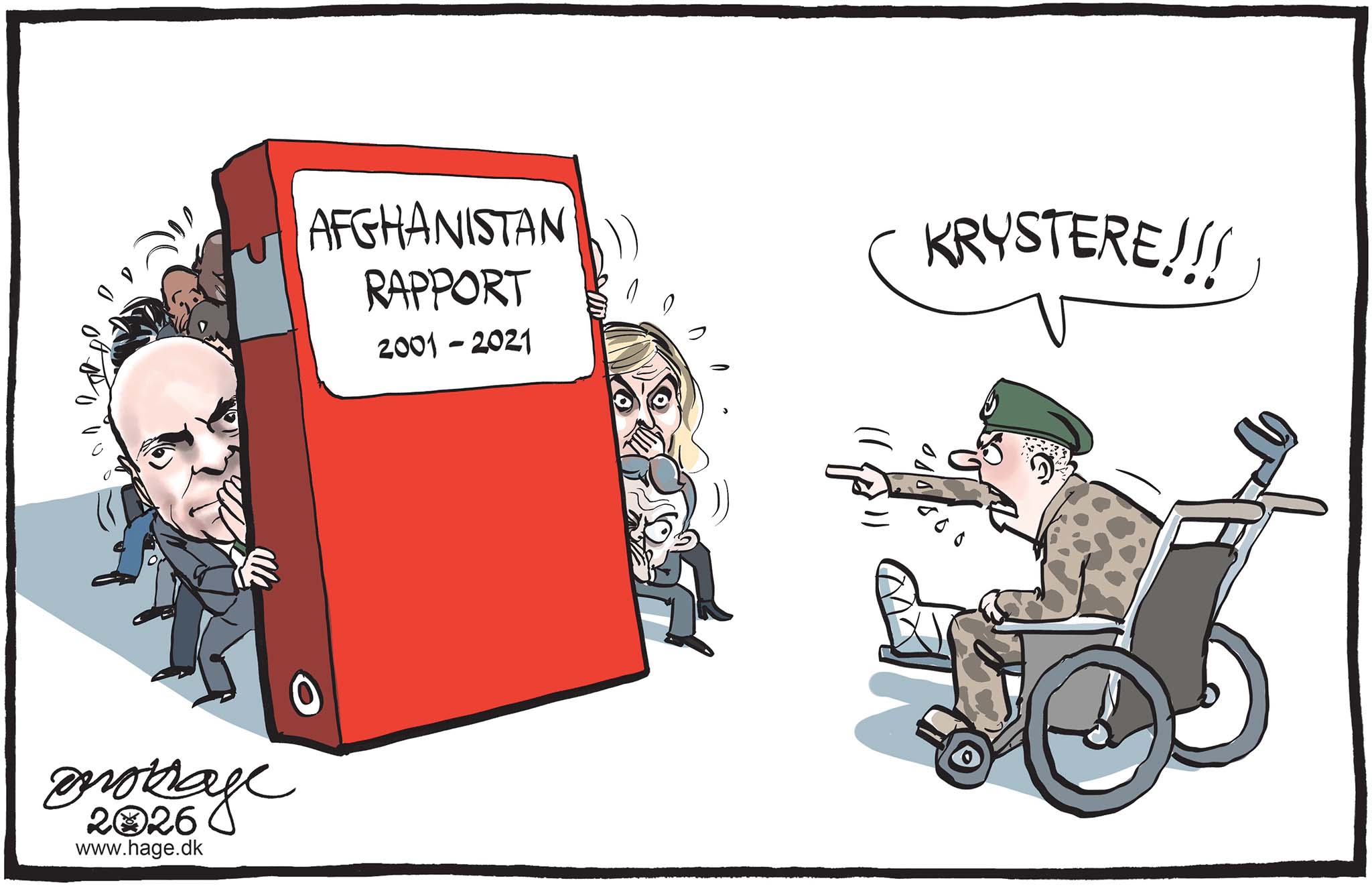 Satire tegning: De politiske beslutningstagere bag den danske krigsdeltagelse i Afghanistan kræver anonymitet i en rapport om indsatsen.