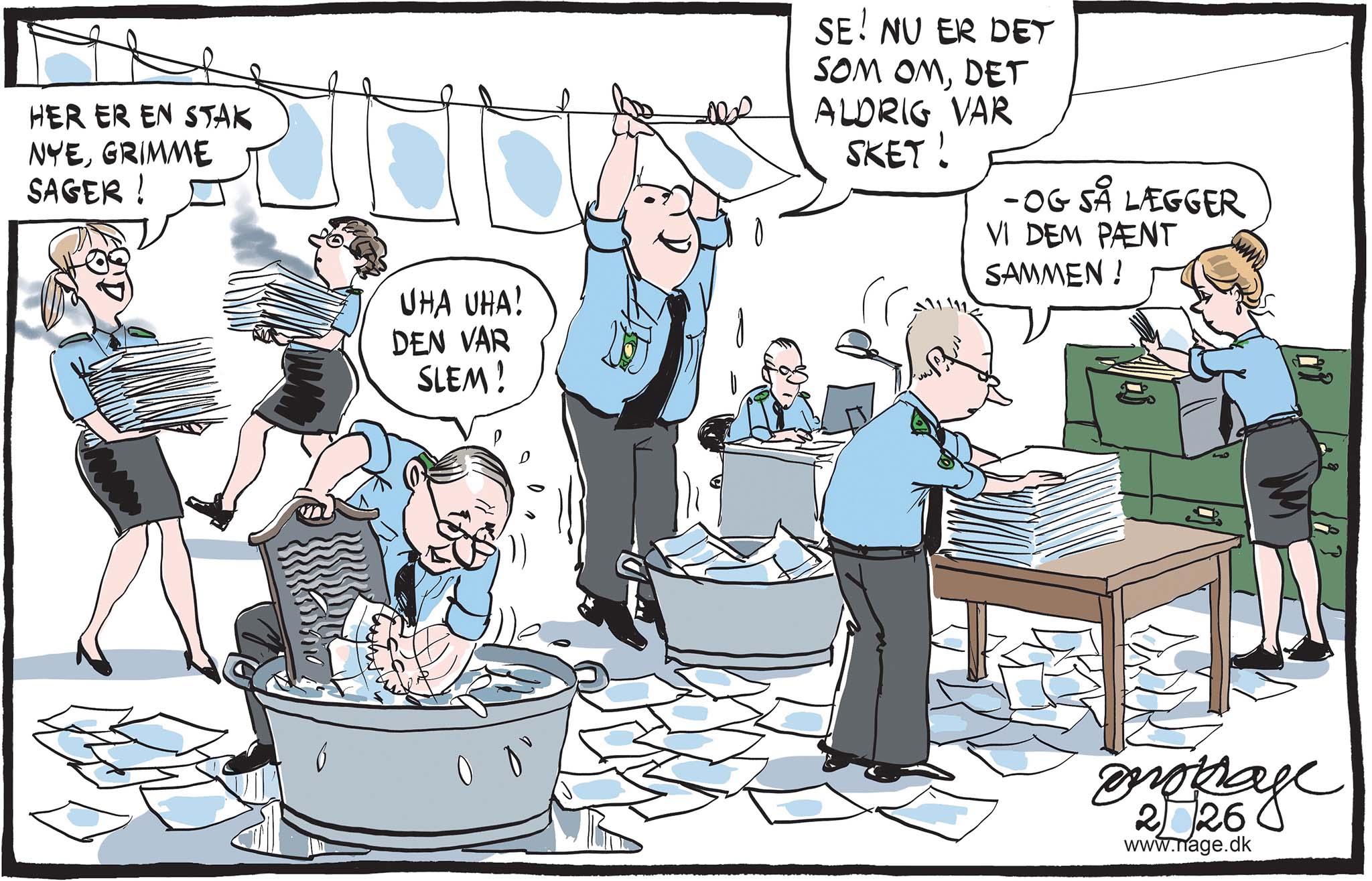 Satire tegning: Det bliver spændende at se, hvad det egentlig er, politiet har haft så travlt med.