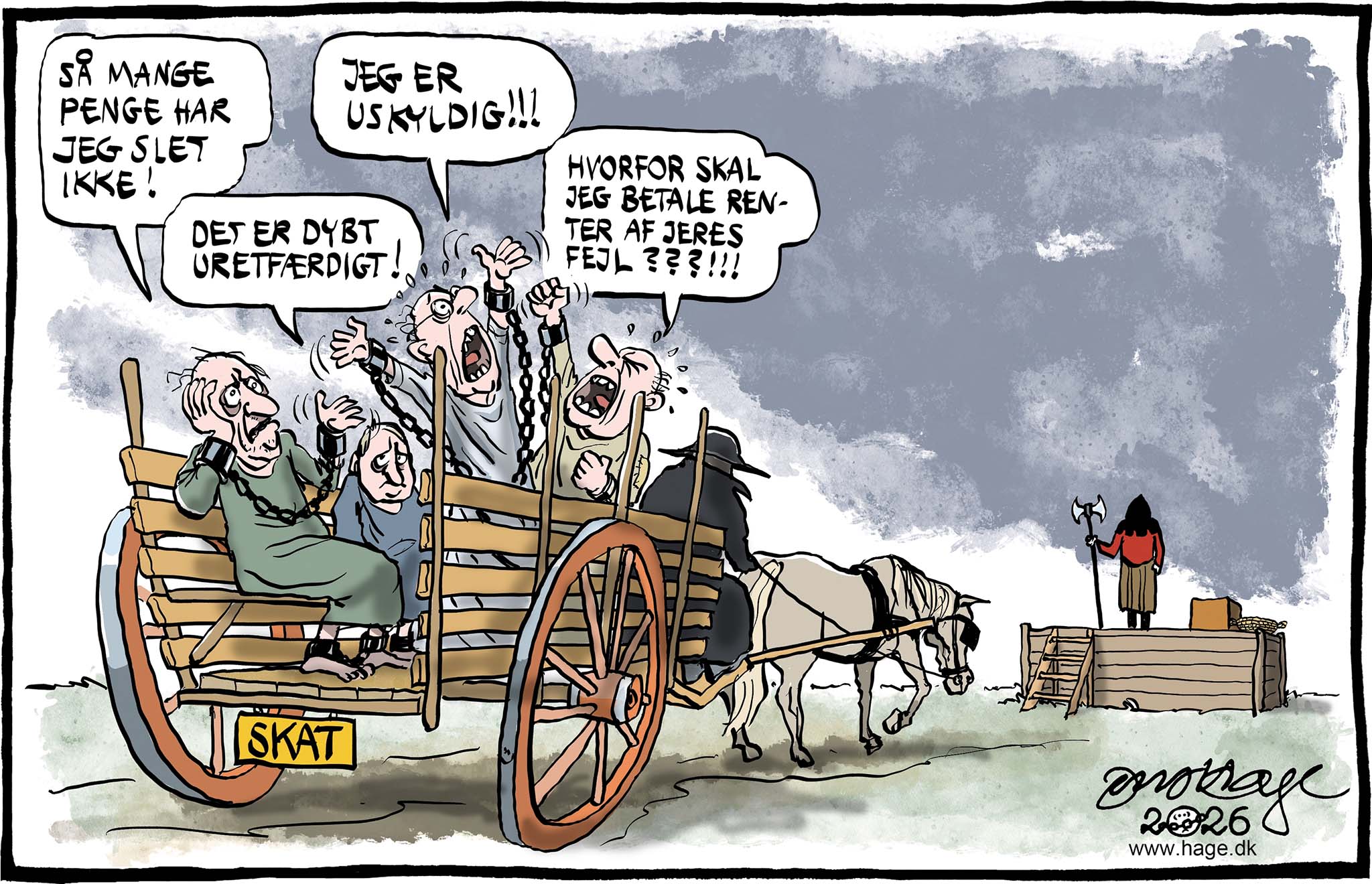 Satire tegning: SKAT's behandling af borgerne bringer dystre mindelser.