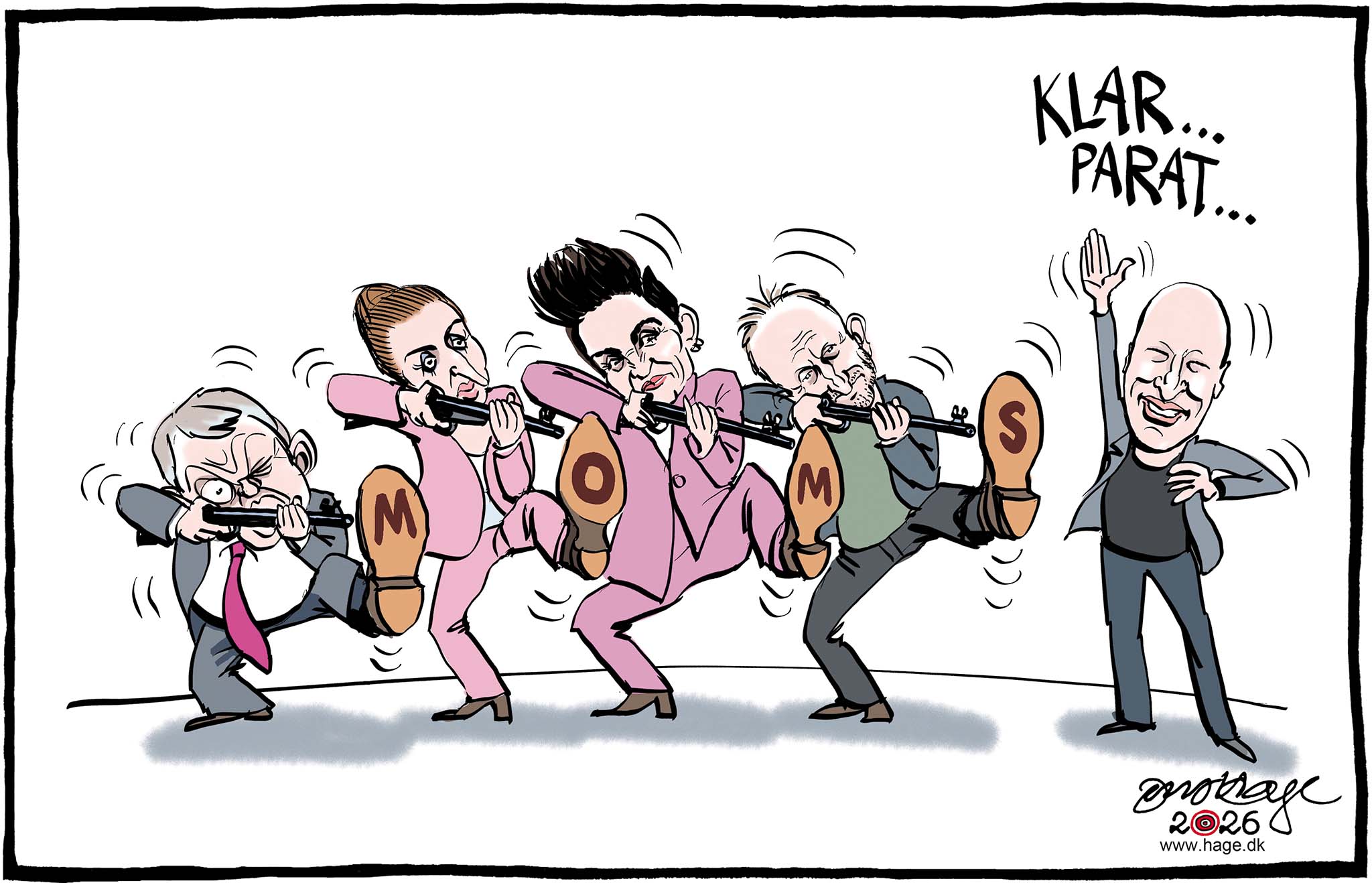 Satire tegning: Regeringen fastholder sit forkætrede forslag om at reducere momsen, trods den samstemmende faglige dom: dyrt, dumt og dårligt.