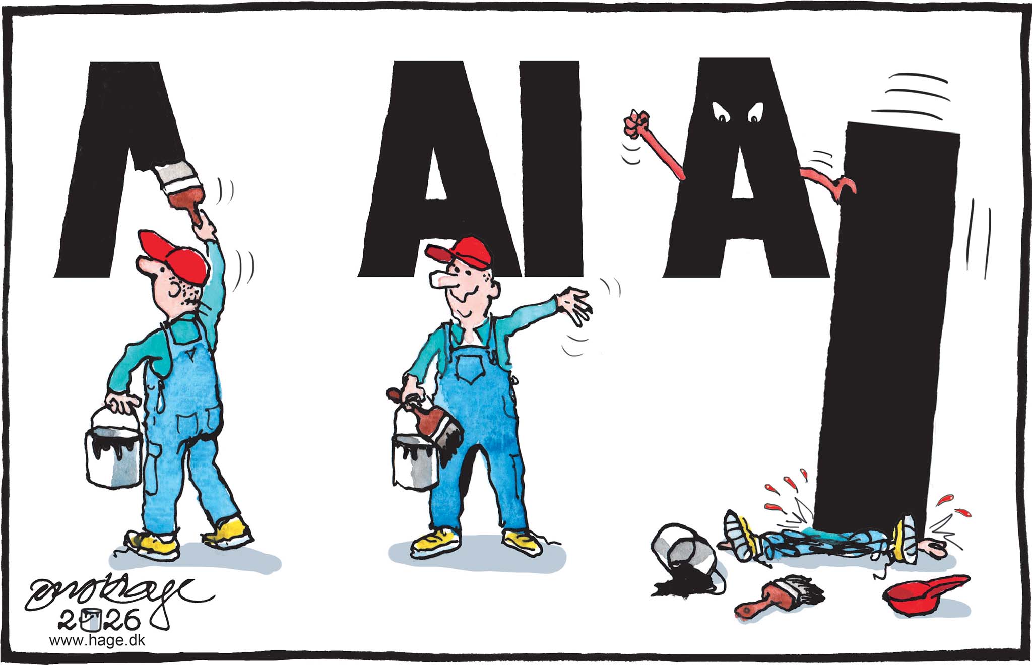 Satire tegning: Der spekuleres over, hvordan den kunstige intelligens vil kunne tage livet af os allesammen.