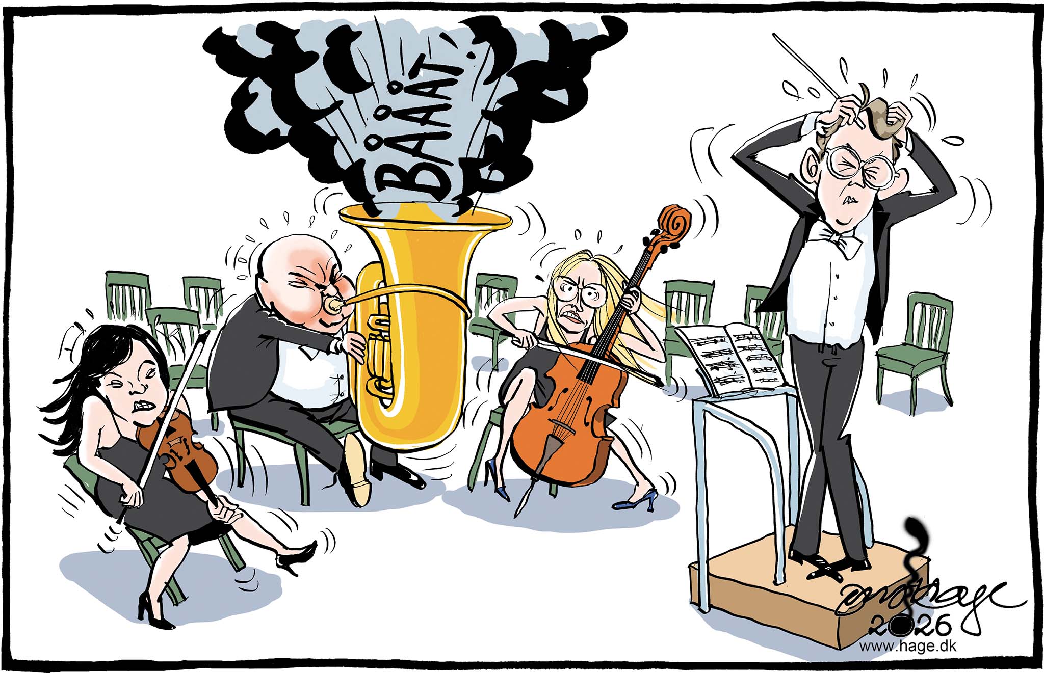 Satire tegning: Venstre er ikke længere et symfoniorkester.